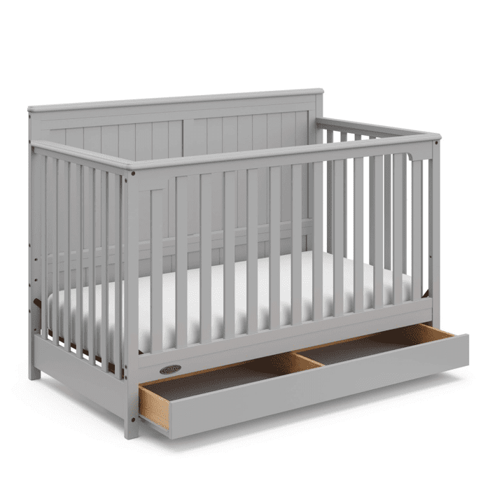 Hadley 5-In-1 Convertible Crib with Drawer (Pebble Gray) – GREENGUARD Gold Certified, Crib with Drawer Combo, Full-Size Nursery Storage Drawer, Converts to Toddler Bed, Daybed