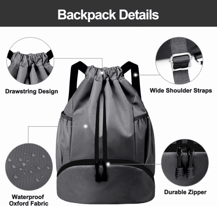 Sports Drawstring Backpack - String Swim Gym Bag with Shoes Compartment and Wet Proof Pocket for Women/Men (Dark Grey) - Image 5