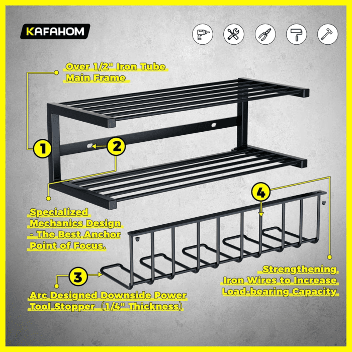 Power Tool Organizer Wall Mounted, Tool Organizers and Storage Rack for Garage Organization, Heavy Duty Drill Holder, 3 Layers Floating Tool Shelf with 4 Drill Holders - Image 4