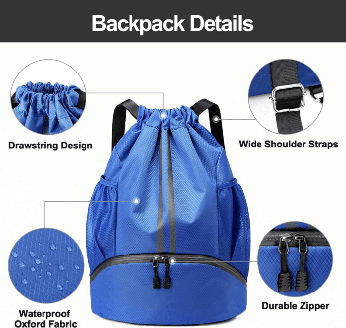 Sports Drawstring Backpack - String Swim Gym Bag with Shoes Compartment and Wet Proof Pocket for Women&Men - Image 5