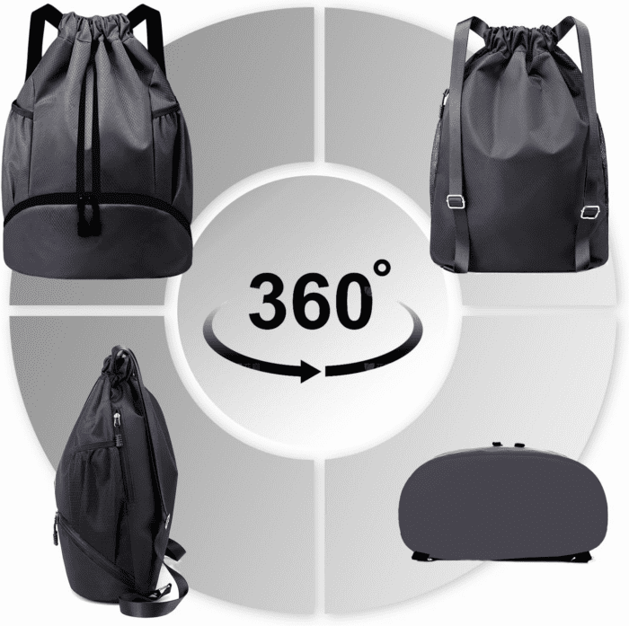 Sports Drawstring Backpack - String Swim Gym Bag with Shoes Compartment and Wet Proof Pocket for Women/Men (Dark Grey) - Image 7