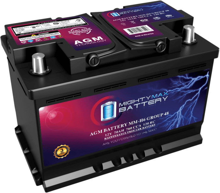 MM-H6 Start and Stop Car BCI Group Size 48 12V 70 AH, 120RC, 760 CCA Rechargeable AGM Car Battery