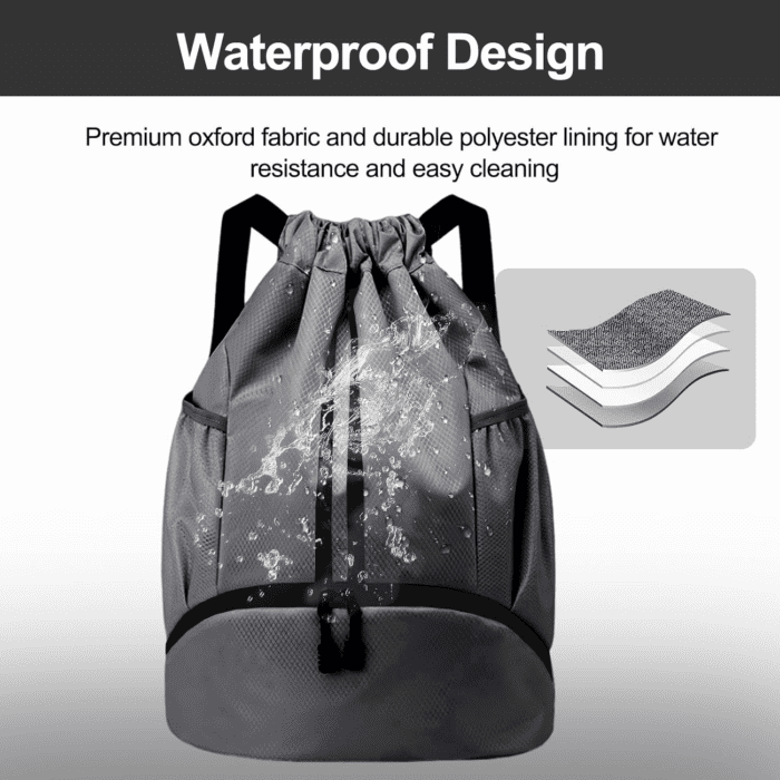 Sports Drawstring Backpack - String Swim Gym Bag with Shoes Compartment and Wet Proof Pocket for Women/Men (Dark Grey) - Image 3