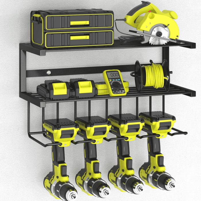 Power Tool Organizer Wall Mounted, Tool Organizers and Storage Rack for Garage Organization, Heavy Duty Drill Holder, 3 Layers Floating Tool Shelf with 4 Drill Holders