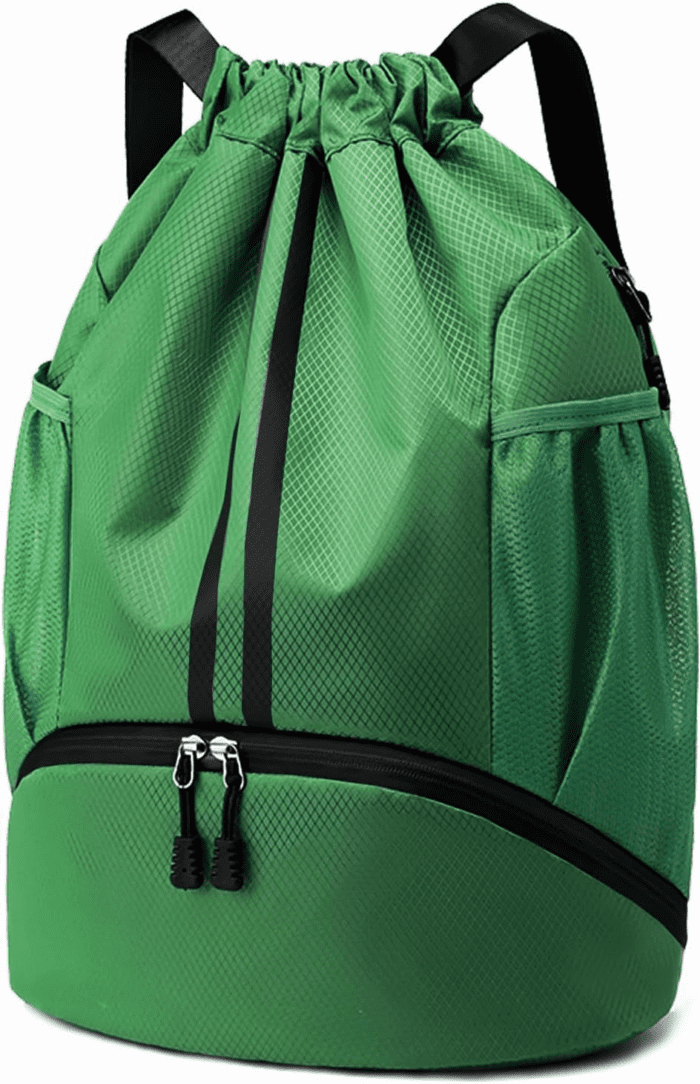 Sports Drawstring Backpack - String Swim Gym Bag with Shoes Compartment and Wet Proof Pocket for Women/Men (Dark Green)