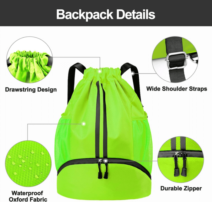 Sports Drawstring Backpack - String Swim Gym Bag with Shoes Compartment and Wet Proof Pocket for Women&Men (Green) - Image 5