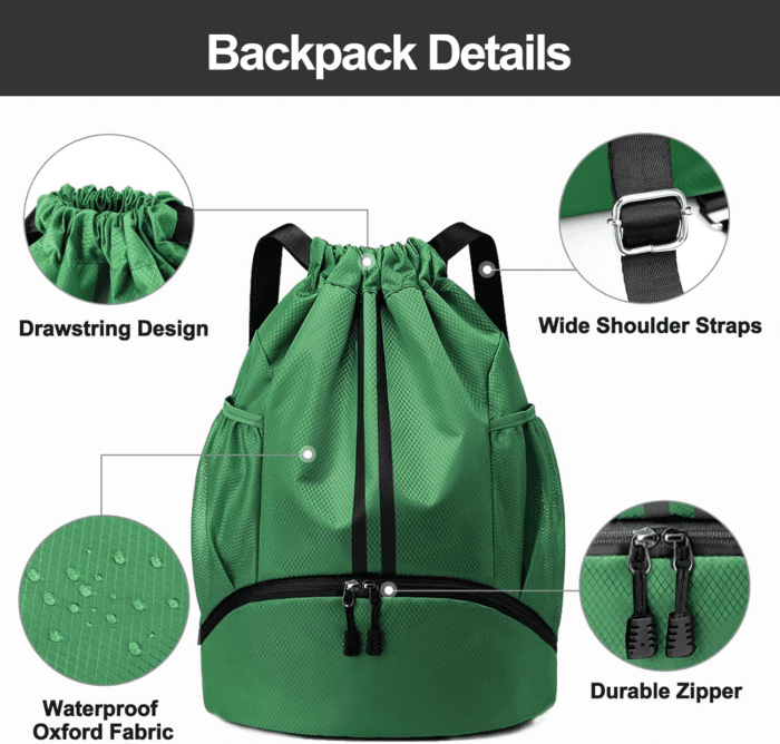 Sports Drawstring Backpack - String Swim Gym Bag with Shoes Compartment and Wet Proof Pocket for Women/Men (Dark Green) - Image 5