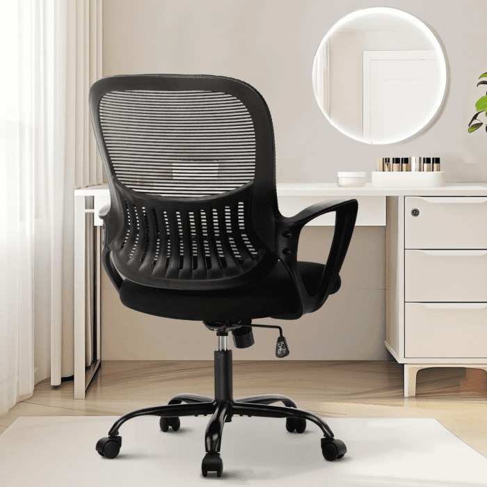 Office Computer Desk Managerial Executive Chair, Ergonomic Mid-Back Mesh Rolling Work Swivel Chairs with Wheels, Comfortable Lumbar Support, Comfy Arms for Home,Bedroom,Study,Student,Black