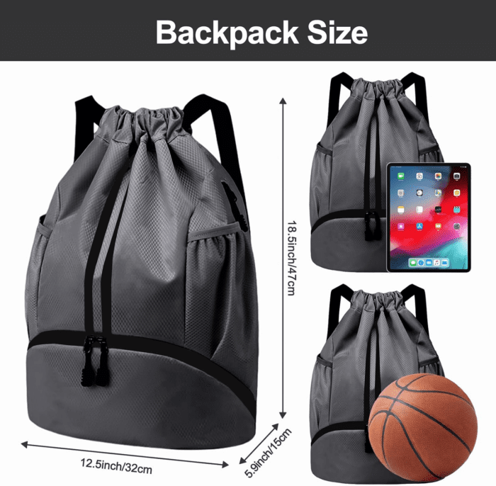 Sports Drawstring Backpack - String Swim Gym Bag with Shoes Compartment and Wet Proof Pocket for Women/Men (Dark Grey) - Image 6