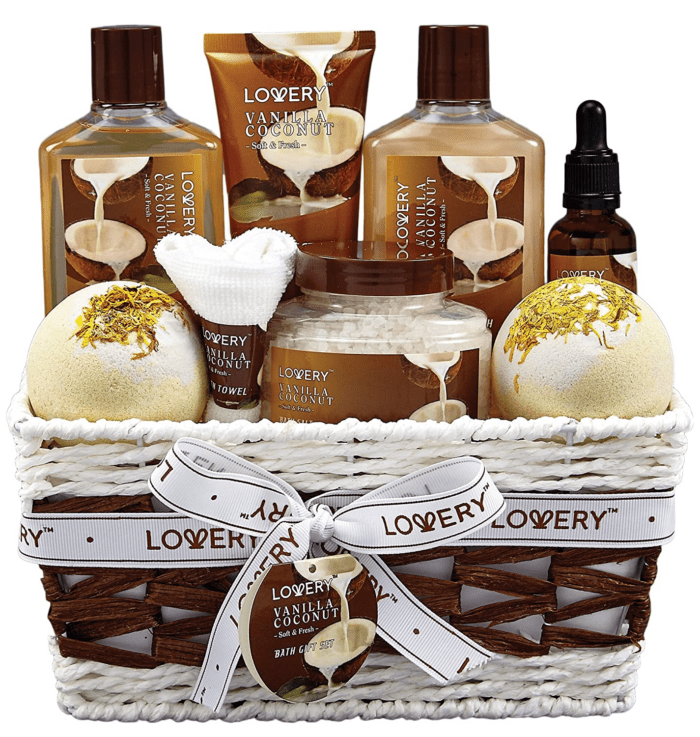 Bath and Body Gift Basket for Women and Men – 9 Piece Set of Vanilla Coconut Home Spa Set, Includes Fragrant Lotions, Extra Large Bath Bombs, Coconut Oil, Luxurious Bath Towel & More