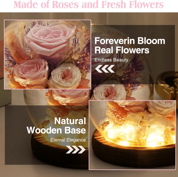 Valentines Day Gifts for Her, Light Pink Forever Real Roses in Glass Dome, Gifts Idea on Anniversary Birthday Mothers Day Christmas for Wife Girlfriend Mom, Flowers for Delivery Prime with LED Light - Image 3