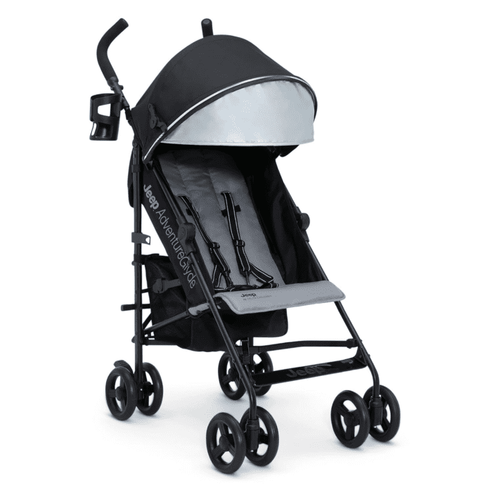 Jeep Adventureglyde Stroller by  - Lightweight Travel Stroller with Smoothest Ride & Compact Fold, 3-Position Recline, Extra Large Storage Basket, Black/Grey